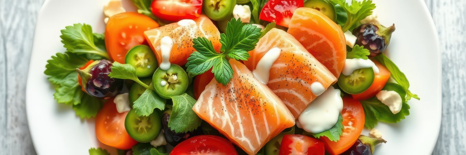 Fresh salmon salad with vibrant vegetables and herbs prepared on a white plate